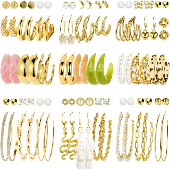 Von Zipper Other - New 45 Pairs Gold Hoop Earrings for Girls Women Multipack, Chunky Pearl Twisted
